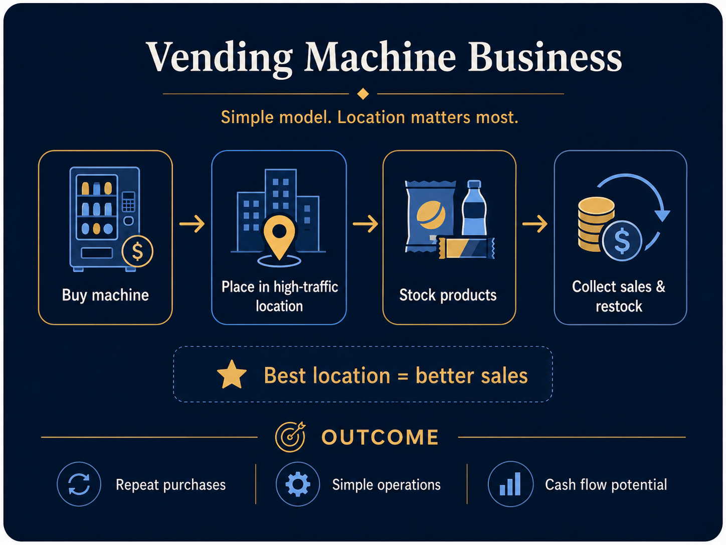 Vending machine business model showing machine purchase, location, stocking and sales